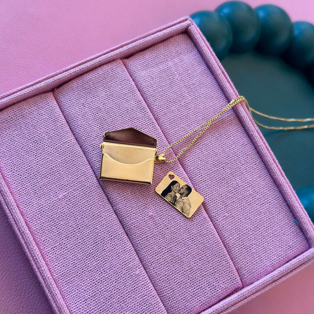 Envelope Photo Engrave Pure 92.5 Silver Gold Plated Necklace For Him & her - Silver Box Original