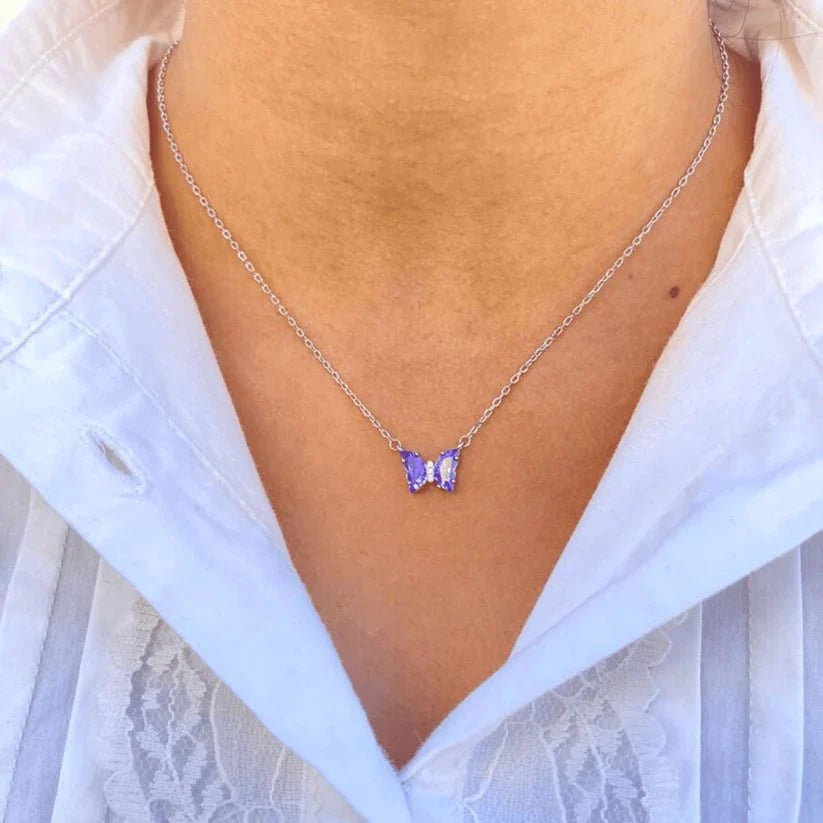 Fluttering Elegance: 925 Silver Purple Butterfly Necklace - Silver Box Original