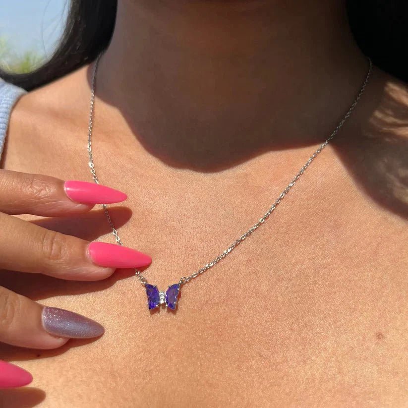 Fluttering Elegance: 925 Silver Purple Butterfly Necklace - Silver Box Original